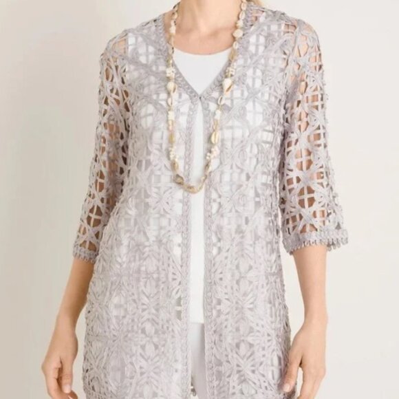 Chico's Travelers Soutache Lacy Lattice Jacket Grey Size 00P (US 0/2P) - Picture 3 of 13
